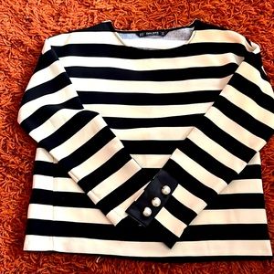 Black and white striped Zara blouse with pearls
